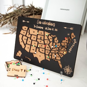 Push Pin USA Travel Map For Couples Anniversary Gifts, Customized Wooden United States Relationship Gifts, Personalized Corkboard