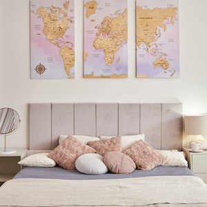 World Map Wall Art Push Pin Map, Cork Board Wooden Travel Map Wall Decor, Wood Wall Map 5th Anniversary Gift, 3 Panel Wall Art image 2