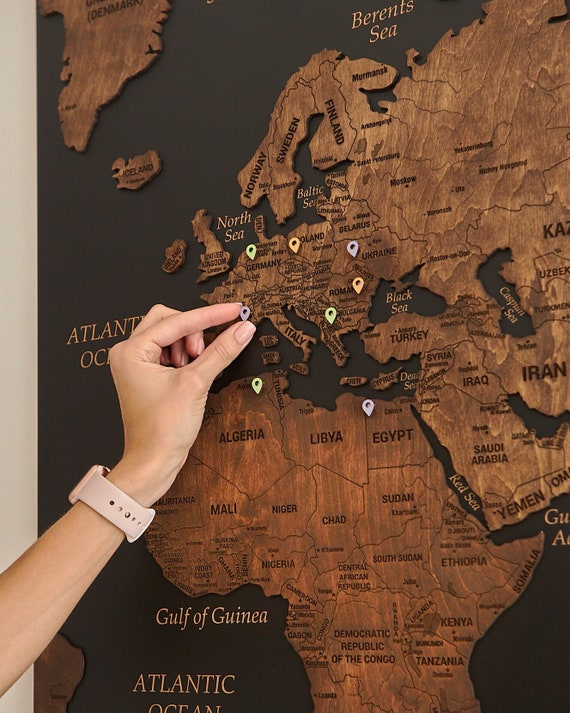 Wooden World Map Wall Art, Push Pin Travel World Map, Large Personalized World Map, Cork World Map Apartment Decor, 5th Anniversary Gift