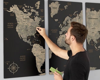 Push Pin World Map 3 Piece Wall Art, Wall Decoration 5th Anniversary Gift, Wooden Wall Art Apartment Decor Travel Map Gift For Boyfriend