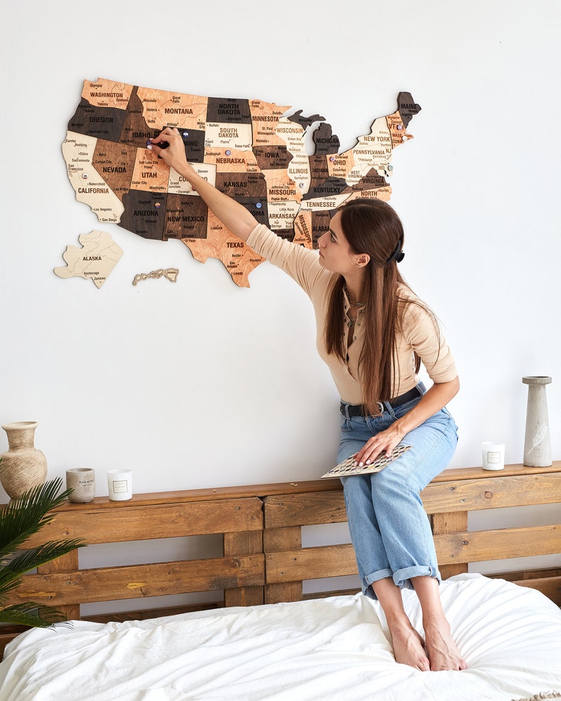US Travel Map, Push Pin Map, Wood Map Of United States, Apartment Decor New Apartment Gift, USA Wooden Wall Map image 2