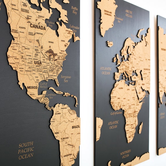 World Map Push Pin, World Map Wall Art, Wooden Travel Map, Cork