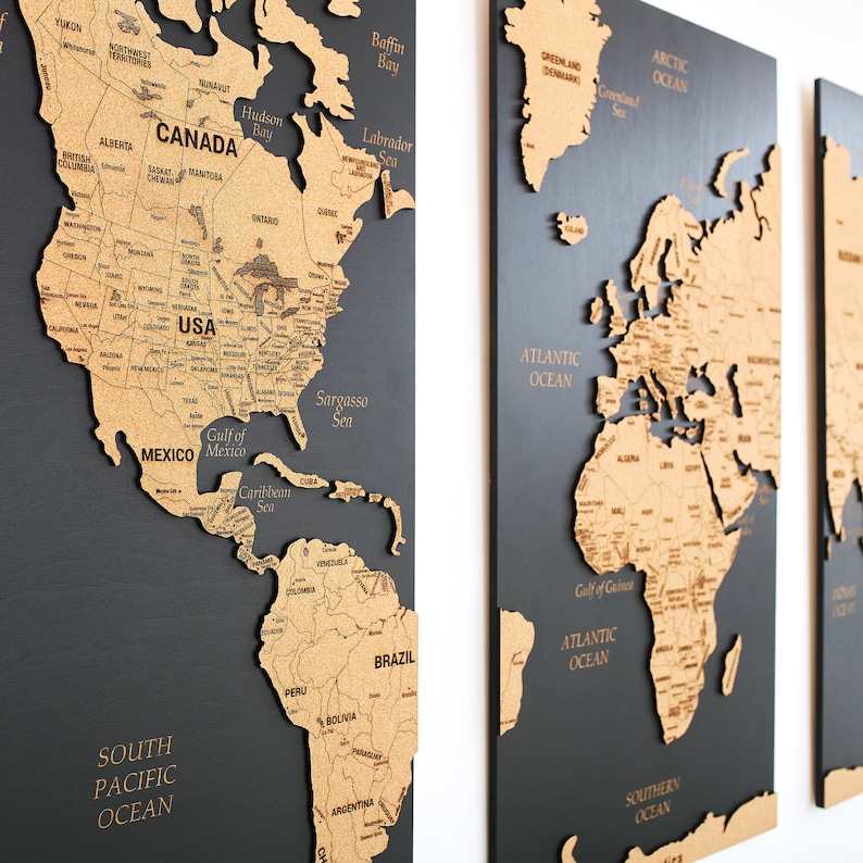 World Map Wall Art Push Pin Map, Cork Board Wooden Travel Map Wall Decor, Wood Wall Map 5th Anniversary Gift, 3 Panel Wall Art image 1