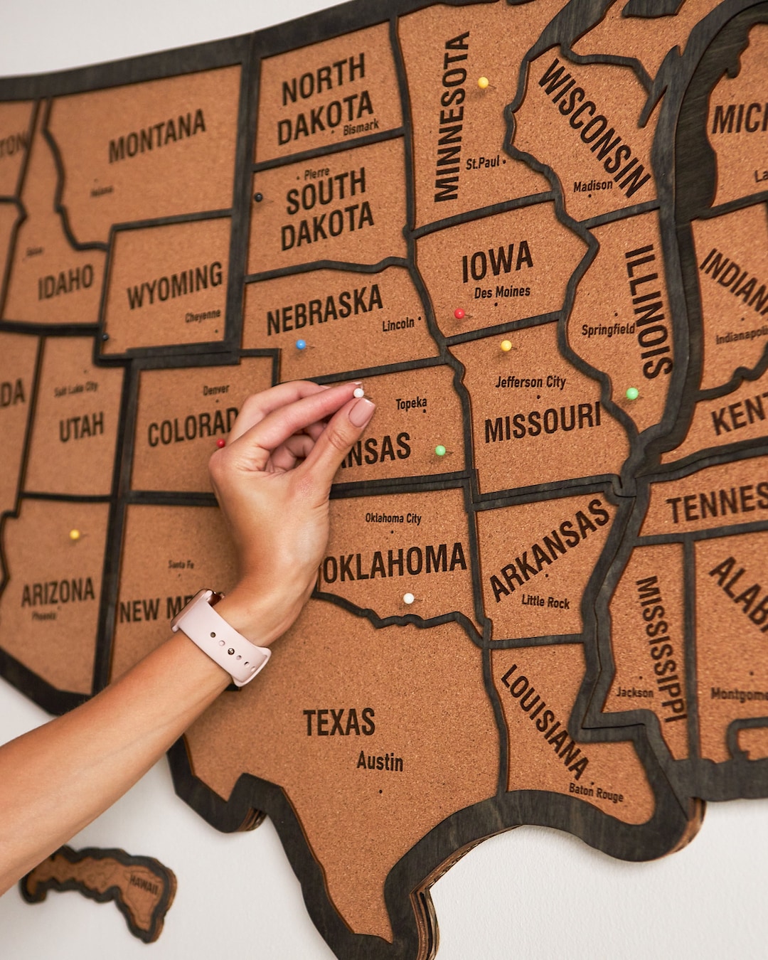 Push Pin USA Map, Wooden Wall Apartment Decor, Wood Map of United