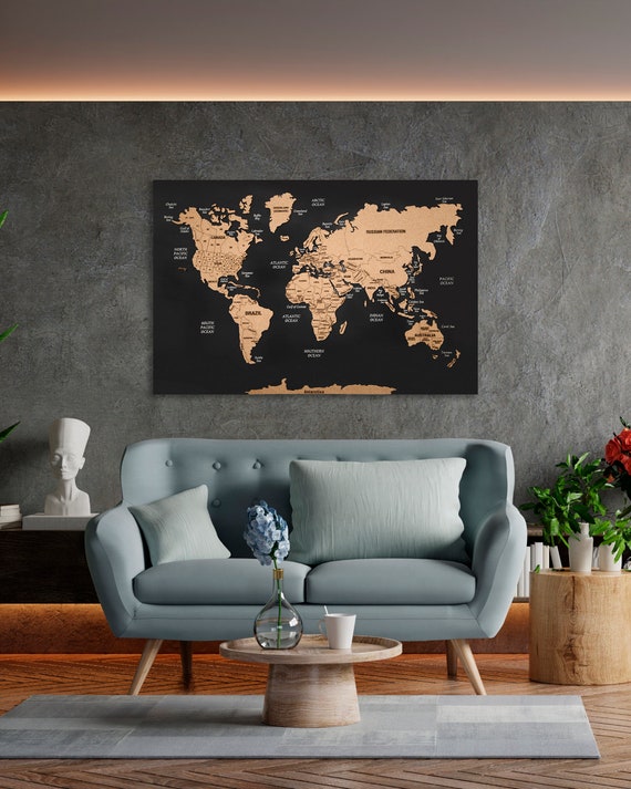 World Map Push Pin Wall Art, Cork World Map Board, Wooden World