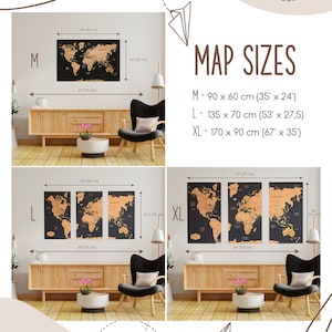 World Map Wall Art Push Pin Map, Cork Board Wooden Travel Map Wall Decor, Wood Wall Map 5th Anniversary Gift, 3 Panel Wall Art image 7