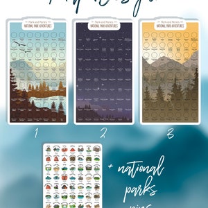 May include: Three different map designs for national parks. Each map features a different background image: a sunset, a starry night, and a mountain range. The maps are labeled with numbers 1, 2, and 3. The text "Mark and Marie's National Park Adventures" is at the top of each map. Below the maps is a sheet of stickers with illustrations of national parks. The text "+ national parks pins" is below the stickers.