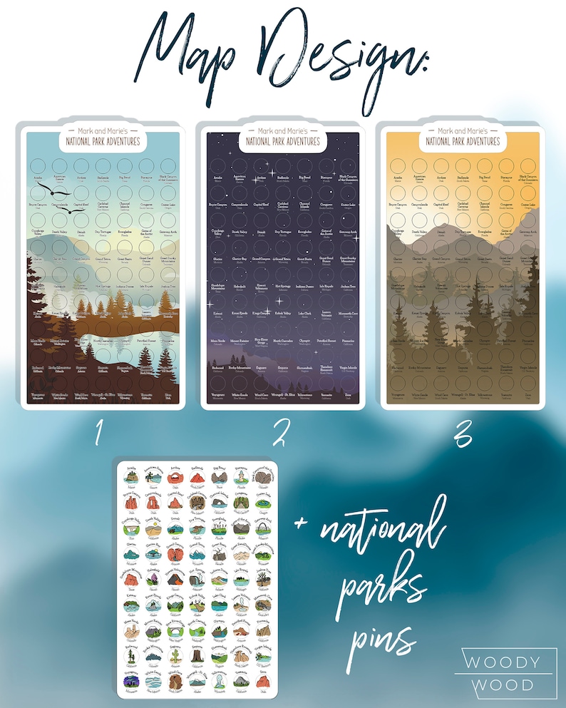 May include: Three different map designs for national parks. Each map features a different background image: a sunset, a starry night, and a mountain range. The maps are labeled with numbers 1, 2, and 3. The text "Mark and Marie's National Park Adventures" is at the top of each map. Below the maps is a sheet of stickers with illustrations of national parks. The text "+ national parks pins" is below the stickers.