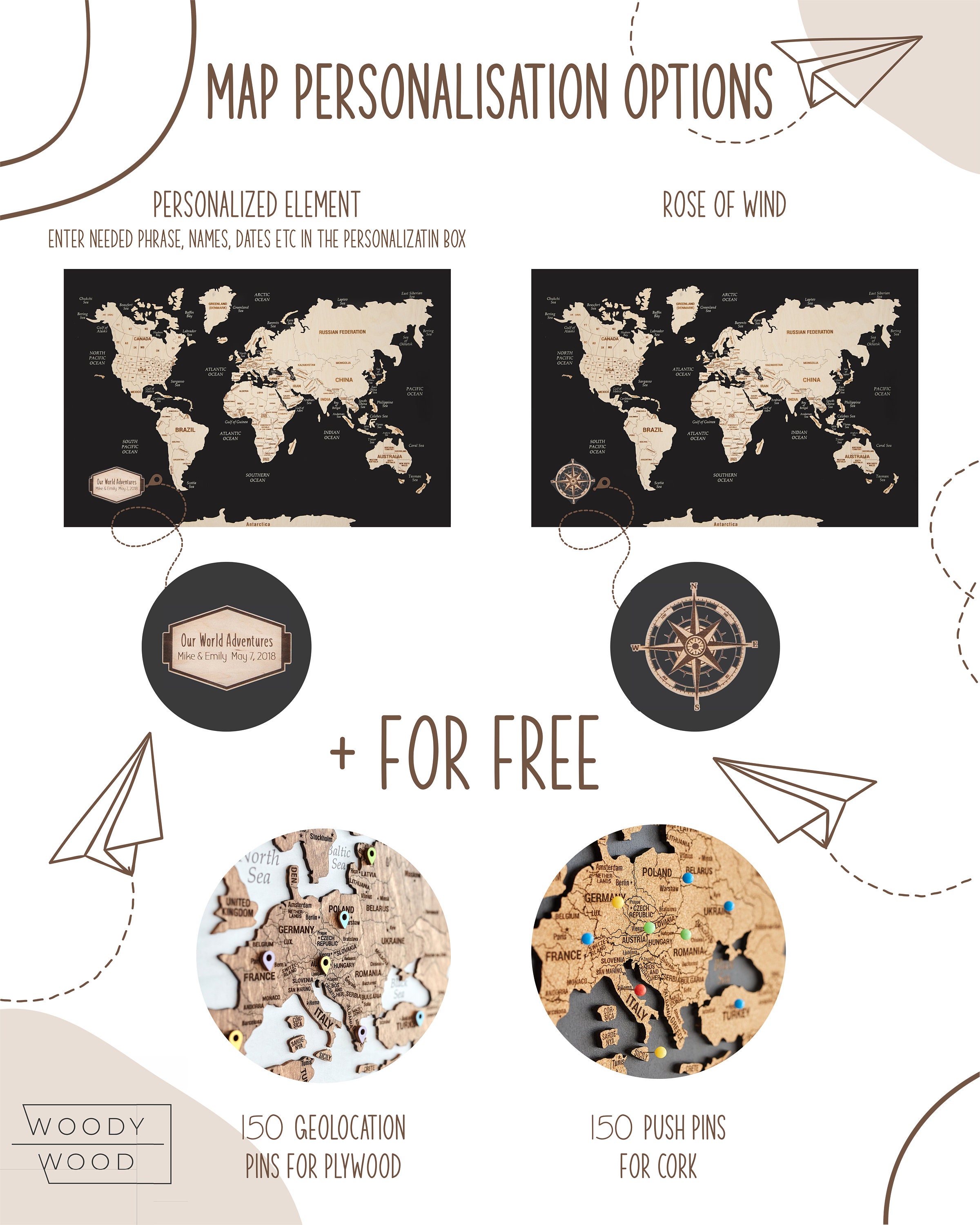 Wooden World Map Wall Art, Push Pin Travel World Map, Large Personalized World Map, Cork World Map Apartment Decor, 5th Anniversary Gift