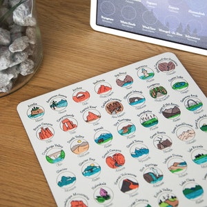 May include: A white background with colorful circles featuring illustrations of various national parks in the United States. Each circle includes the name of the park and its location. The parks include Acadia, American Samoa, Arches, Badlands, Big Bend, Bryce Canyon, Canyonlands, Capitol Reef, Carlsbad Caverns, Channel Islands, Congaree, Crater Lake, Cuyahoga Valley, Death Valley, Denali, Dry Tortugas, Everglades, Gateway Arch, Glacier, Glacier Bay, Grand Canyon, Grand Teton, Great Basin, Great Sand Dunes, Haleakala, Hawaii Volcanoes, Hot Springs, Indiana Dunes, Kings Canyon, Lake Clark, Lassen Volcanic, Mammoth Cave, Mesa Verde, Mount Rainier, Olympic, Petrified Forest, Redwood, Rocky Mountains, Saguaro, Sequoia, Shenandoah, Theodore Roosevelt, Voyageurs, White Sands, Wind Cave, Wrangell-St. Elias, Yellowstone, Yosemite, Zion.