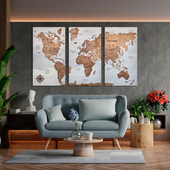 World Map Push Pin Wall Art With FREE Pins, Cork World Map Board, Wooden  World Map Travel Map, Pin Board Apartment Decor, Above Bed Decor 