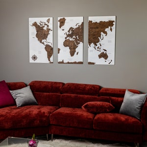 Large World Map Wall Art, Wood World Map Push Pin, 3 Piece Wall Art Apartment Decor 5th Anniversary Gift, Above Bed Decor Wooden Map image 3