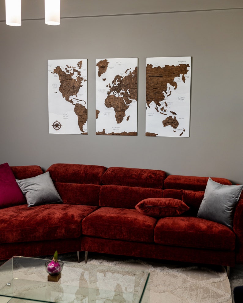 Large World Map Wall Art, Wood World Map Push Pin, 3 Piece Wall Art Apartment Decor 5th Anniversary Gift, Above Bed Decor Wooden Map image 3