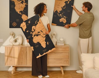 木製世界地図 3ピース ウォールアート カップル旅行地図 ピン付き
