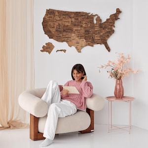 Wooden United States map 5th anniversary gift idea on living room wall