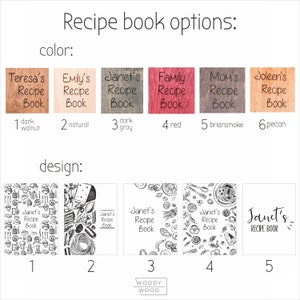 May include: A chart showing different color and design options for a recipe book. The color options are dark walnut, natural, dark gray, red, briarsmoke, and pecan. The design options include various illustrations of kitchen utensils and food.