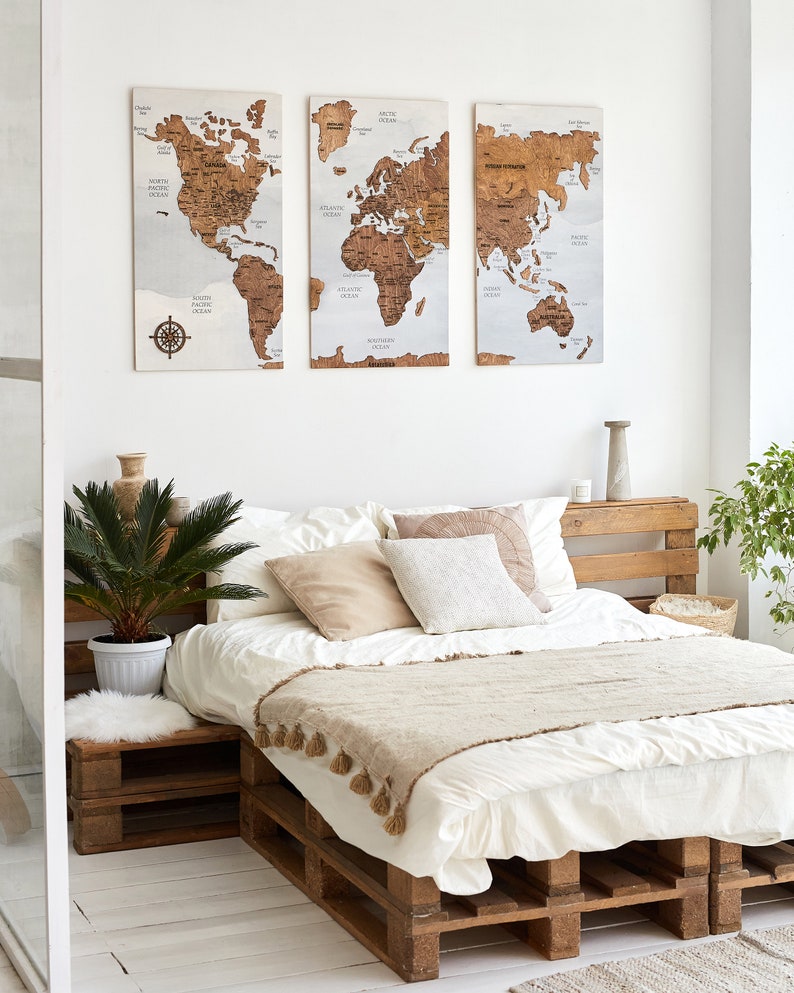 World Map Wall Art Push Pin Map, Cork Board Wooden Travel Map Wall Decor, Wood Wall Map 5th Anniversary Gift, 3 Panel Wall Art