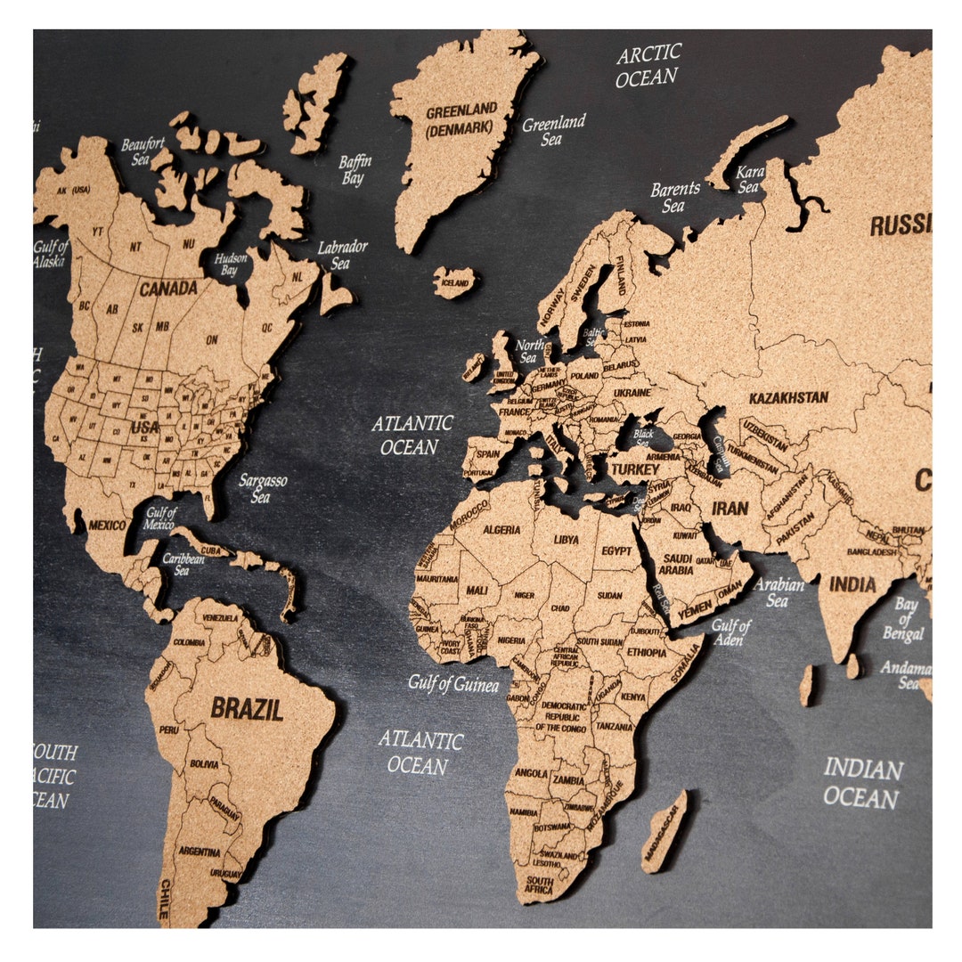3d World Map Cork World Map Wall Art Wooden World Map Push Etsy
