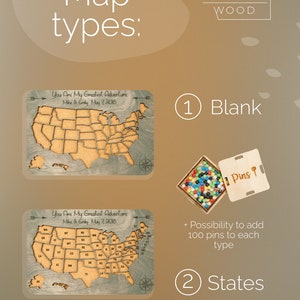 May include: Two wooden US map push pin boards with cork surfaces. The top board is blank. The bottom board has all the states outlined. Both boards have a compass and arrow design. The text "You Are My Greatest Adventure" is on both boards. A small box of colorful push pins is shown next to the top board.