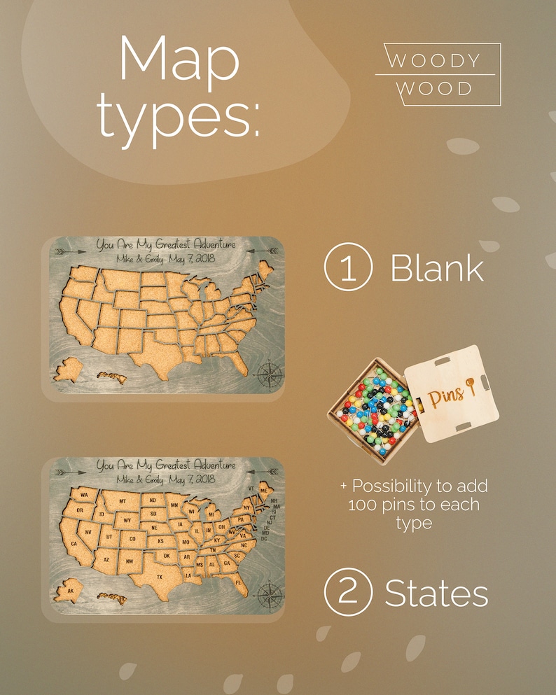 May include: Two wooden US map push pin boards with cork surfaces. The top board is blank. The bottom board has all the states outlined. Both boards have a compass and arrow design. The text "You Are My Greatest Adventure" is on both boards. A small box of colorful push pins is shown next to the top board.