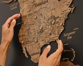 Push Pin World Map with Pins for Travel - World Map Artwork for Wall, 5th Anniversary Gift Wooden World Map, Wall Decor Map of the World