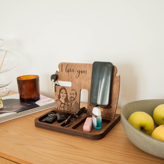 Wood Phone Stand Gift For Him Unique, Phone Holder 1st Anniversary Gift, Desk Organizer Boyfriend Gift, Docking Station Fathers Day Gift