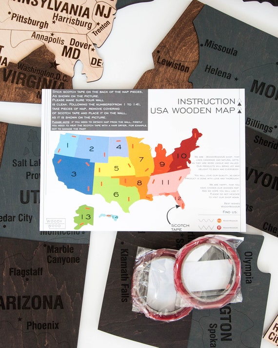 アメリカ旅行地図、押しピン地図、アメリカ合衆国木製地図、アパートの