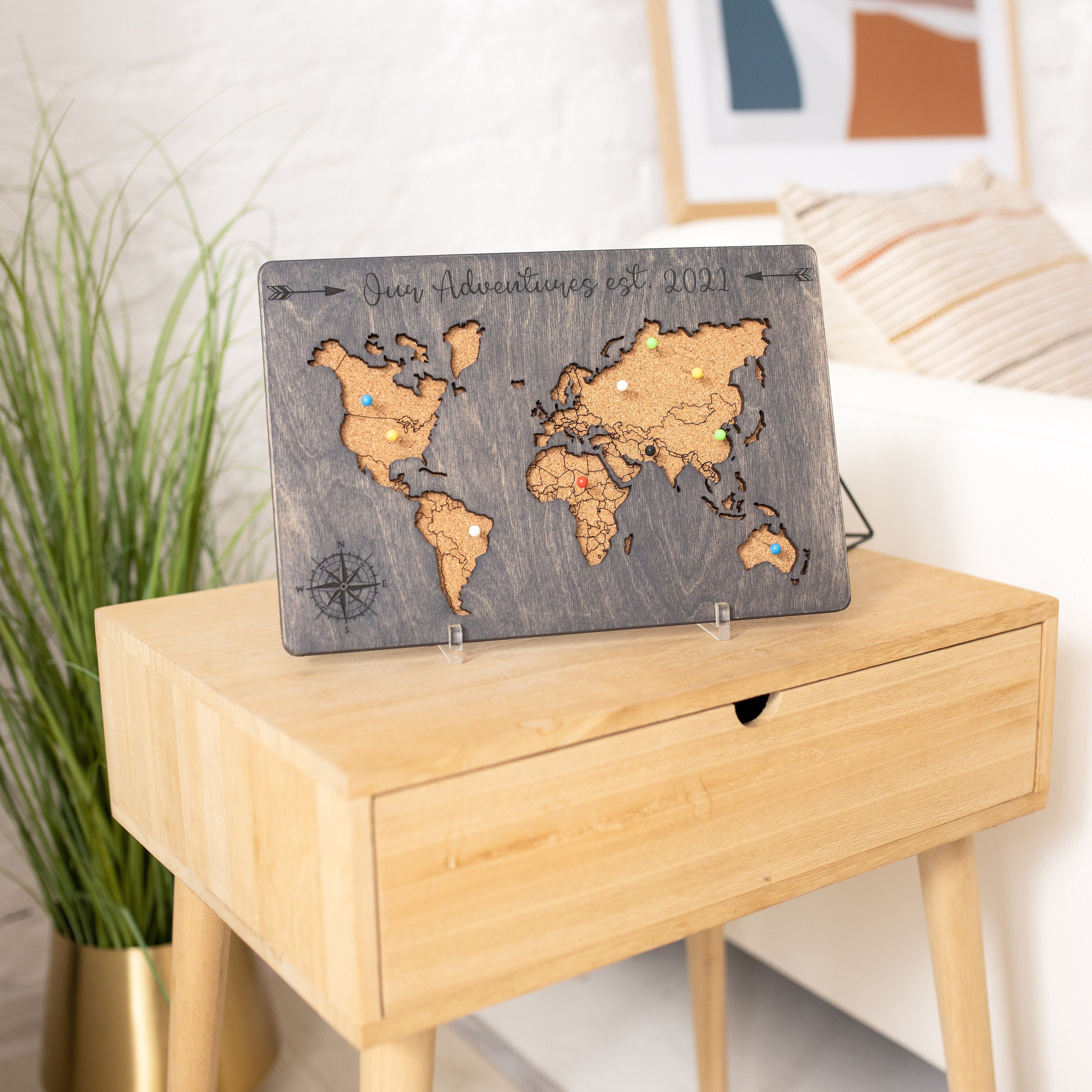 World Map Push Pin, Cork Board Wooden World Map, Custom Travel Map, Apartment Decor Wood Map Of The World
