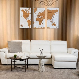 Large World Map Wall Art, Wood World Map Push Pin, 3 Piece Wall Art Apartment Decor 5th Anniversary Gift, Above Bed Decor Wooden Map image 10