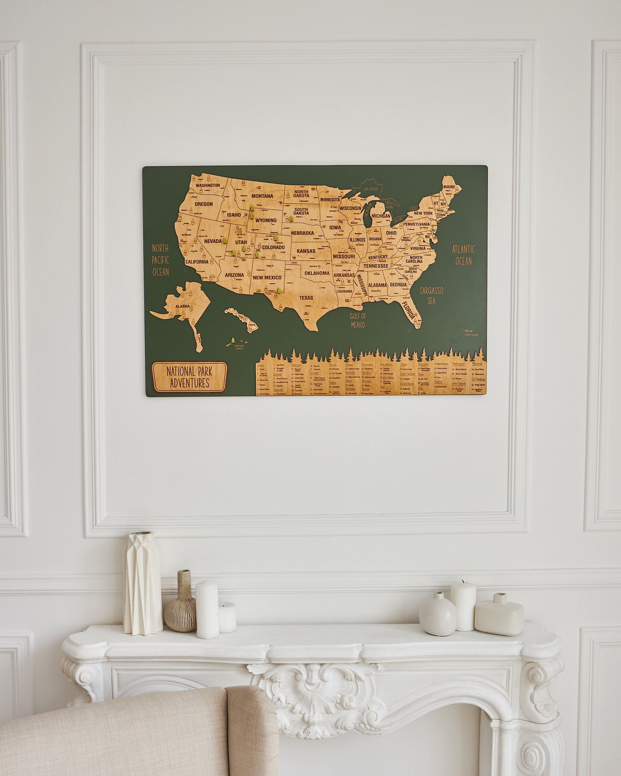 National Parks Travel Map, USA Map Wooden Map Wall Art