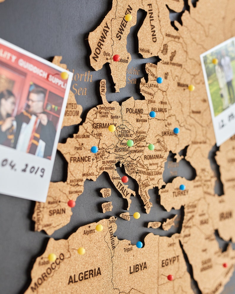 World Map Wall Art Push Pin Map, Cork Board Wooden Travel Map Wall Decor, Wood Wall Map 5th Anniversary Gift, 3 Panel Wall Art image 3