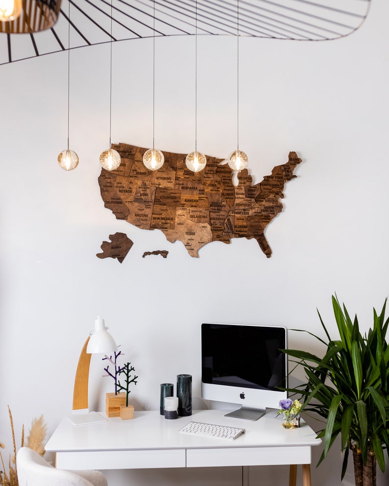 US Wood Map Apartment Decor 5th Anniversary Gift, Above Bed Decor New Home Gift,United States Wooden Wall Decor Travel Map Housewarming Gift image 2