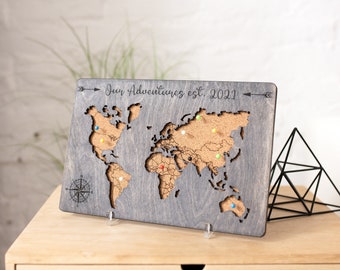 World Map Push Pin, Cork Board Wooden World Map, Custom Travel Map, Apartment Decor Wood Map Of The World