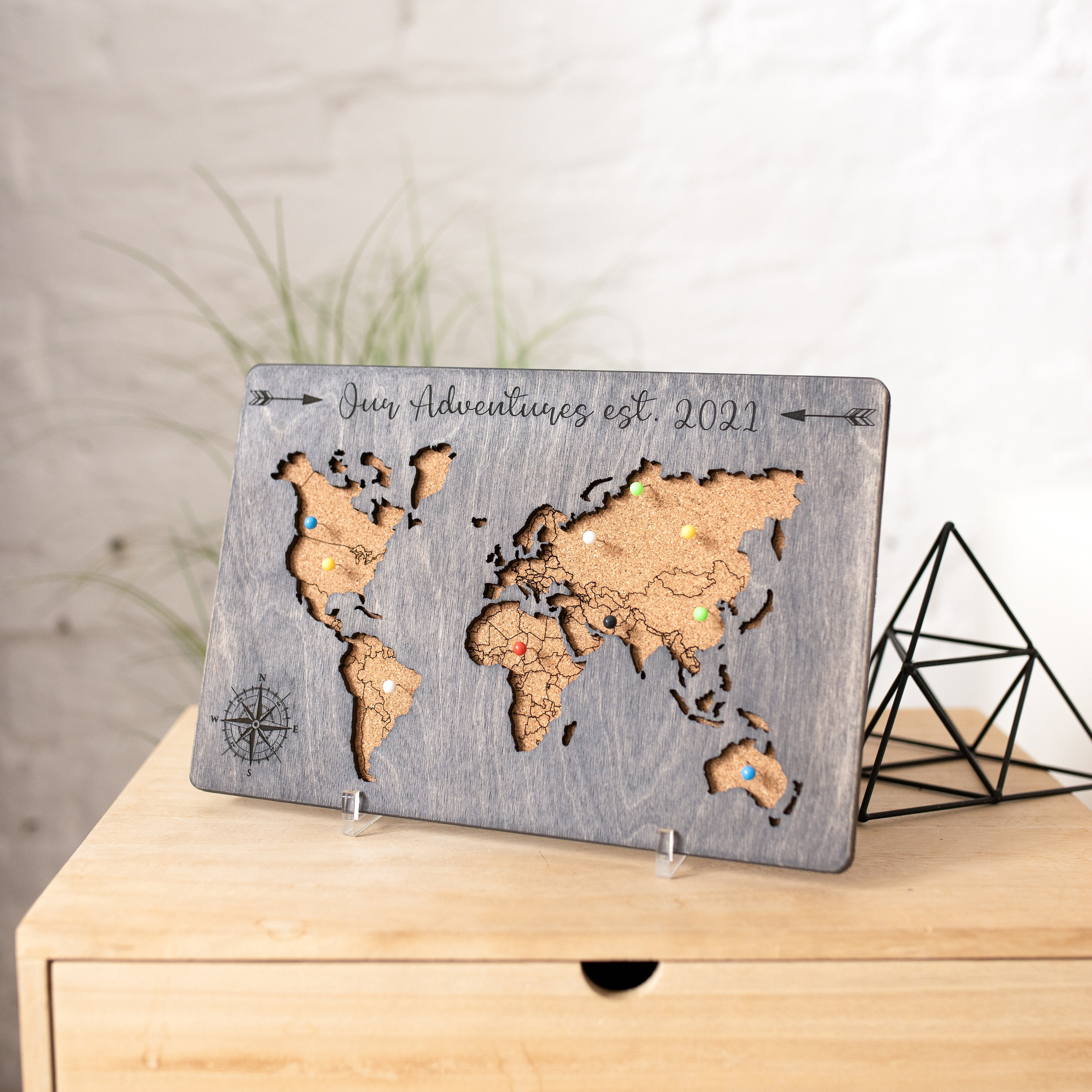 World Map Push Pin, Cork Board Wooden World Map, Custom Travel Map, Apartment Decor Wood Map Of The World
