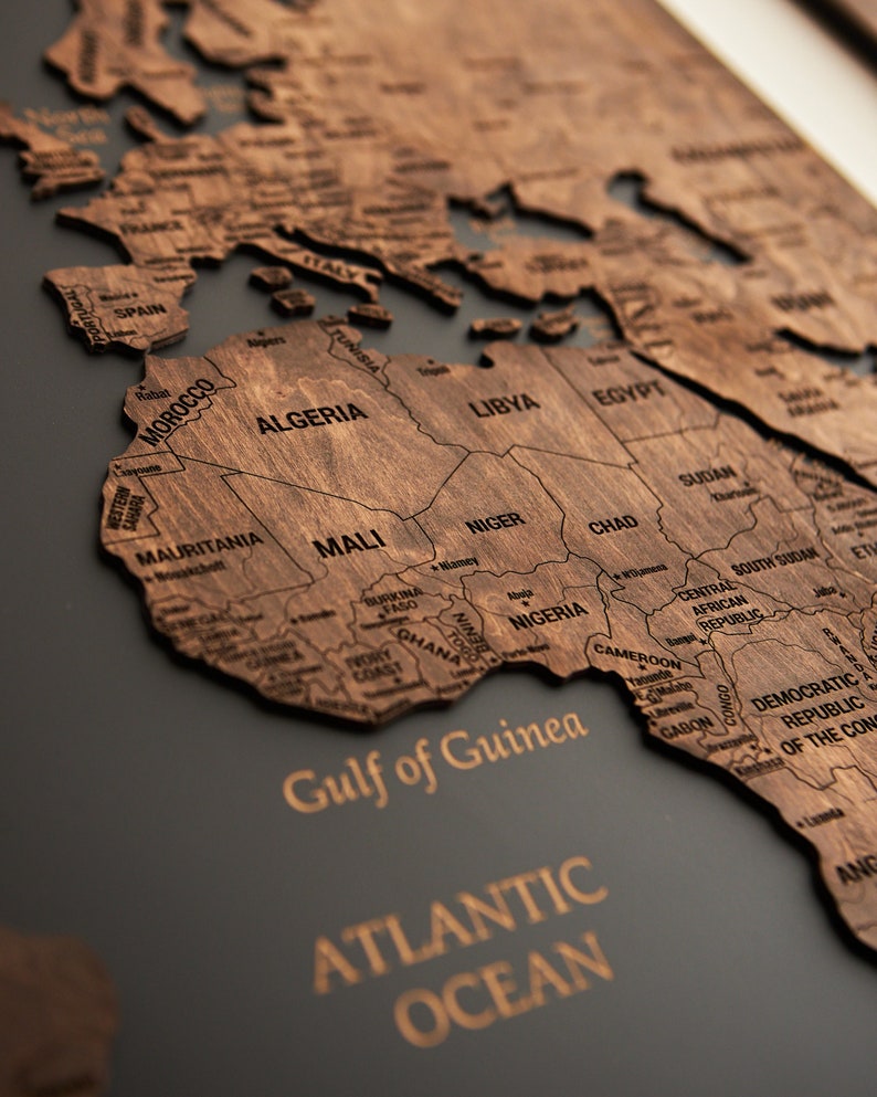 World Map Wall Art Push Pin Map, Cork Board Wooden Travel Map Wall Decor, Wood Wall Map 5th Anniversary Gift, 3 Panel Wall Art image 1