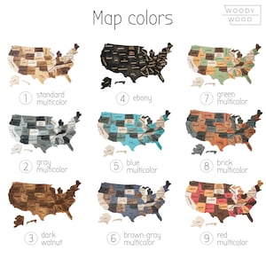 May include: Nine different colour options for a wooden US map puzzle. The map is made of individual state pieces and is available in standard multicolor, grey multicolor, dark walnut, ebony, blue multicolor, brown-grey multicolor, green multicolor, brick multicolor, and red multicolor.