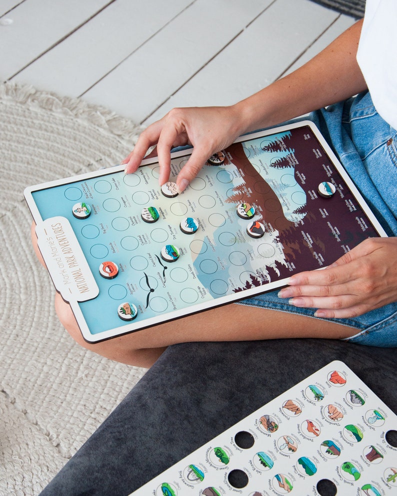 May include: A white board with a colorful map of National Parks in the United States. The map is divided into circles with icons representing each park. A person is placing a small wooden icon on the map.