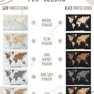 May include: A chart showing different map colors and materials available for purchase. The chart shows 10 different map colors and materials, including natural plywood, pecan plywood, dark walnut plywood, dark grey plywood, and cork. The chart also includes the corresponding numbers for each color and material.