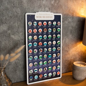 May include: A white board with a dark blue background and a list of National Parks in the United States. The board has a title that reads "Mark and Marie's National Park Adventures". Each park is represented by a colorful icon.