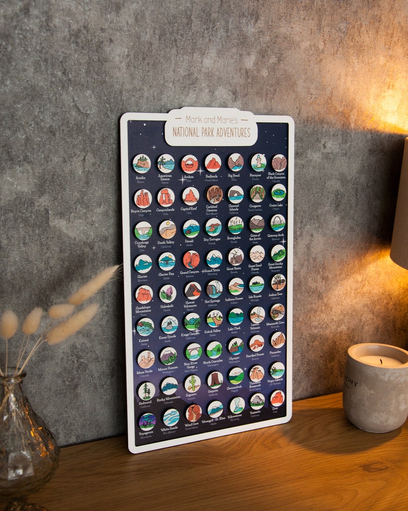 May include: A white board with a dark blue background and a list of National Parks in the United States. The board has a title that reads "Mark and Marie's National Park Adventures". Each park is represented by a colorful icon.