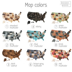 May include: Nine wooden map designs of the United States, each with a different color scheme. The maps are labeled with color names such as "ebony," "blue," and "red." The text "Map colors" is at the top, with the "WOODY WOOD" logo in the upper right.