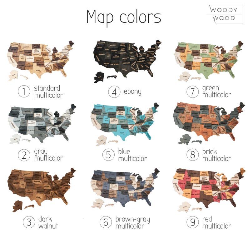 May include: Nine wooden map designs of the United States, each with a different color scheme. The maps are labeled with color names such as "ebony," "blue," and "red." The text "Map colors" is at the top, with the "WOODY WOOD" logo in the upper right.