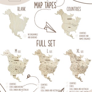 May include: Three wooden map puzzle options for North America. The smallest option is labeled "M Size" and includes countries and state abbreviations. The middle option is labeled "L Size" and includes countries and states. The largest option is labeled "XL Size" and includes countries, states, and the biggest cities, lakes, and rivers. All three options are made of wood and have a natural wood finish.