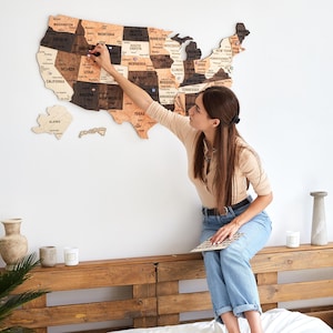 Push pin USA map wooden wall art hanging above a modern living room couch