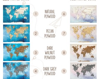 世界地図の押しピン、世界地図のウォールアート、木製旅行地図