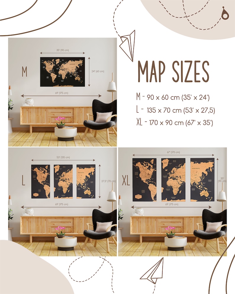 May include: Three different sizes of a scratch-off world map poster. The poster is black with gold foil accents. The sizes are M, L, and XL. The measurements are in inches and centimeters. The poster is displayed on a wall in a living room setting.