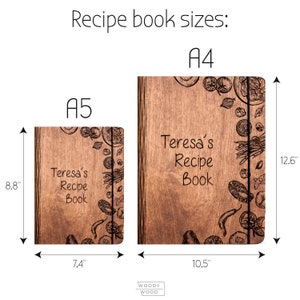 May include: Two wooden recipe books, one in A4 size (10.5 inches by 12.6 inches) and one in A5 size (7.4 inches by 8.8 inches). Both books have a brown wood finish and feature a laser-engraved design of various vegetables and herbs. The text "Teresa's Recipe Book" is engraved on both books.