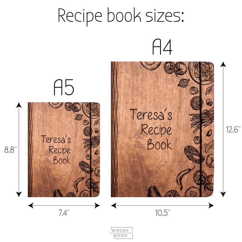 May include: Two wooden recipe books, one in A4 size (10.5 inches by 12.6 inches) and one in A5 size (7.4 inches by 8.8 inches). Both books have a brown wood finish and feature a laser-engraved design of various vegetables and herbs. The text "Teresa's Recipe Book" is engraved on both books.