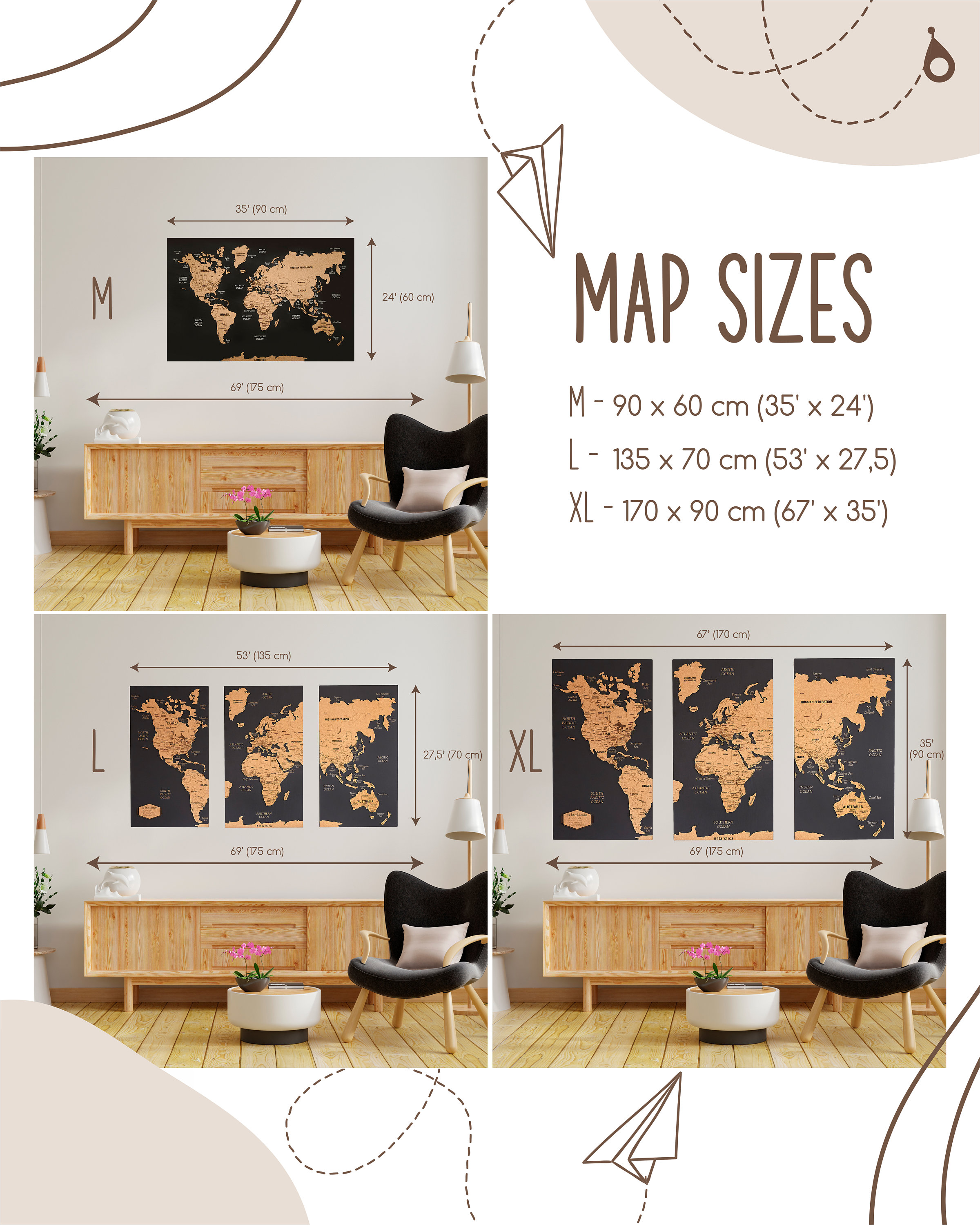 World Map Pinboard Cork Board Canvas Print Wall Art Picture Home  k-C-0048-p-b
