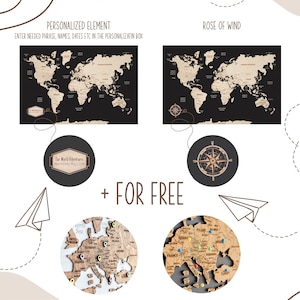 May include: A world map with personalization options. The map is available in two styles: a black map with a wooden world map overlay and a cork map with push pins. The map can be personalized with a phrase, name, or date. The map also includes a free rose of wind compass. The map comes with 150 geolocation pins for plywood maps and 150 push pins for cork maps.